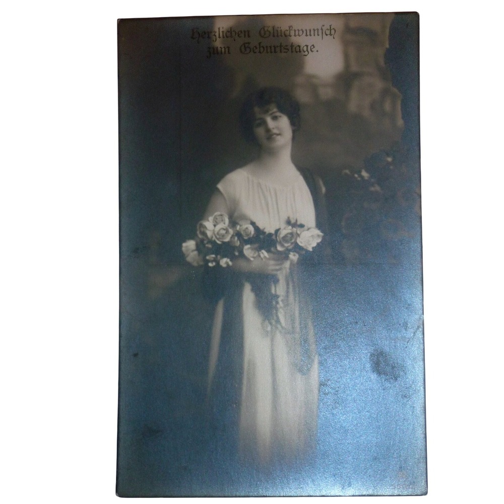 intage Edwardian Real Photo Postcard Woman Roses Birthday Greeting NBC Unposted‎